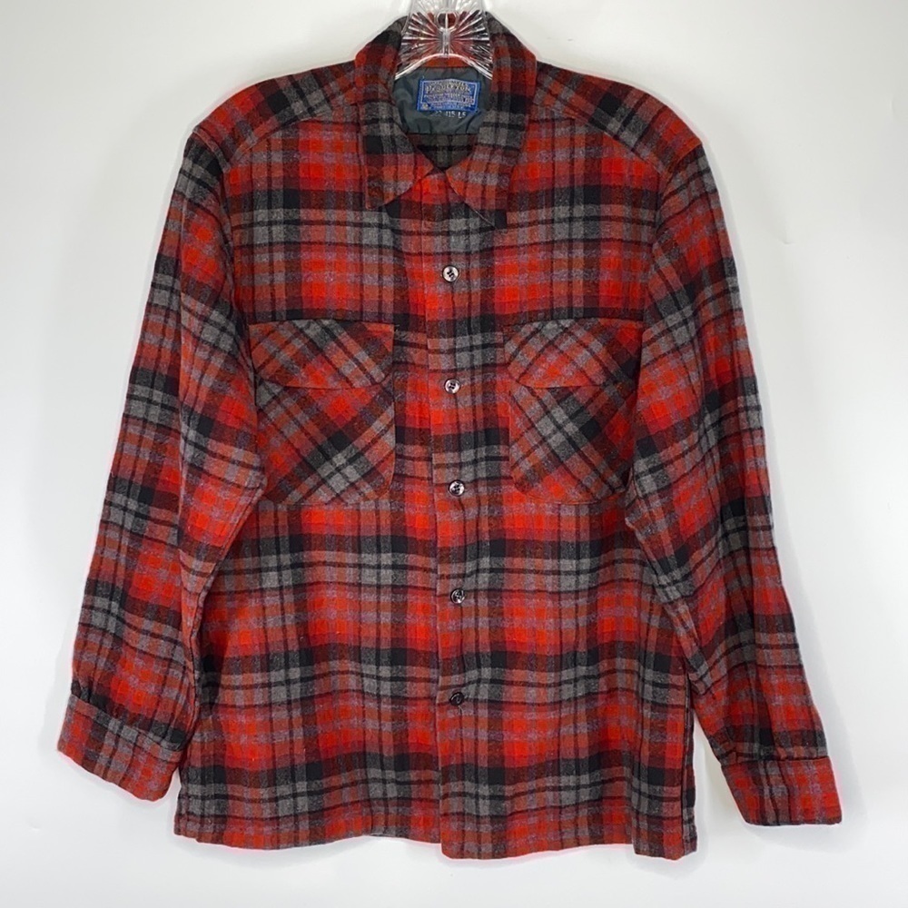 Vintage Pendleton Red Plaid Long Sleeve Button Up Wool Board Shirt Loop Collar